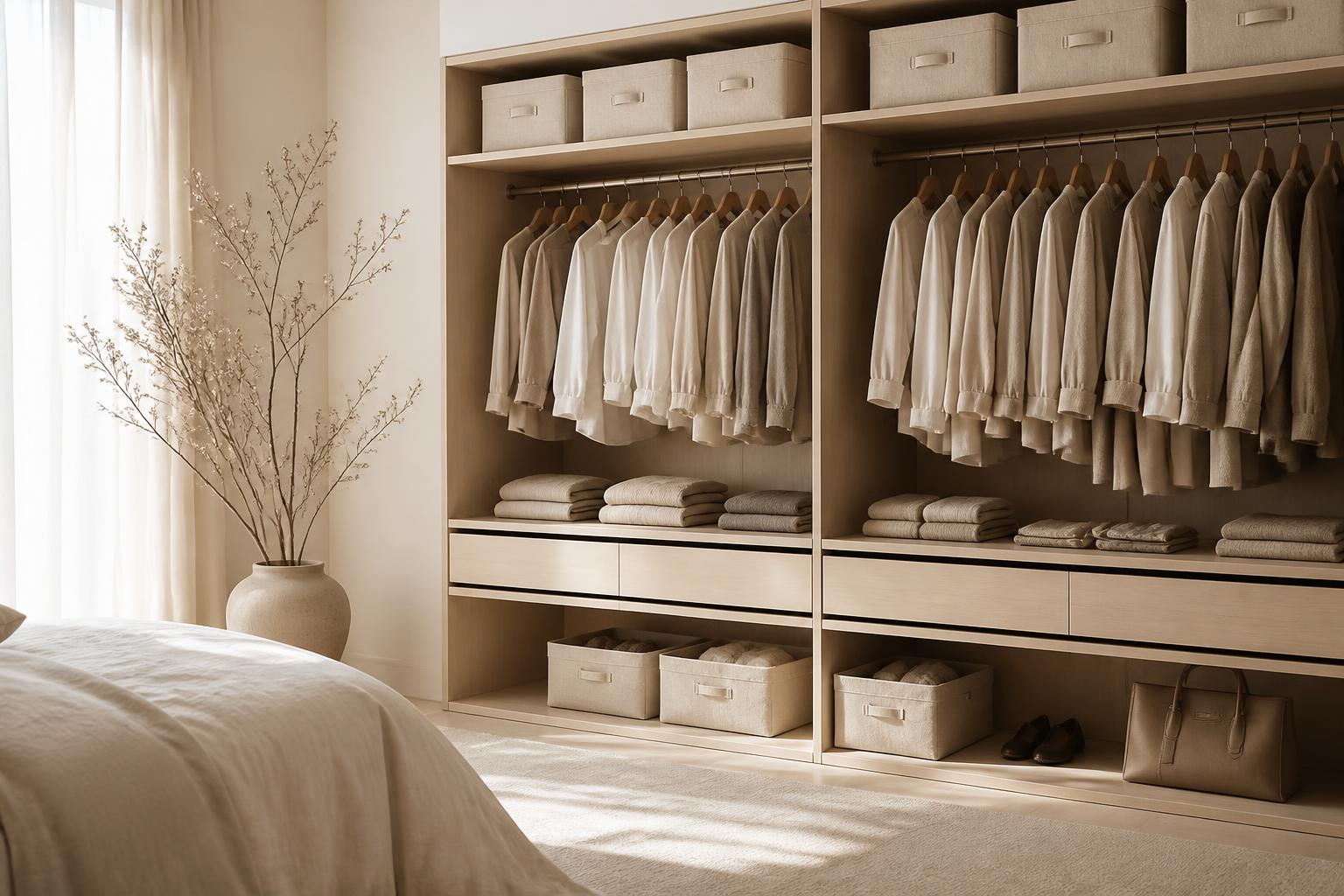 A serene, beautifully organized bedroom wardrobe in warm linen tones