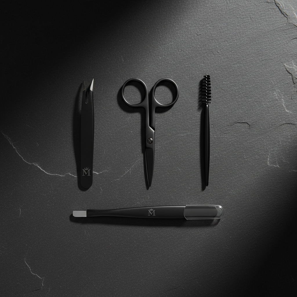 Flat lay of men's eyebrow grooming kit with scissors, spoolie brush, razor and tweezers on dark slate background