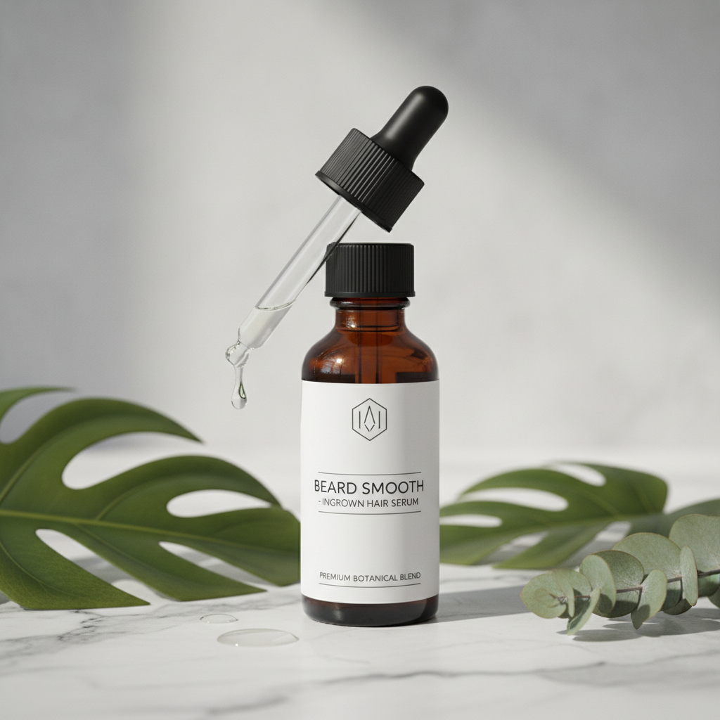 Dark glass dropper bottle of ingrown beard hair serum on marble surface