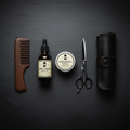 Flat lay of a men's beard grooming kit with oil, balm, comb, brush and scissors