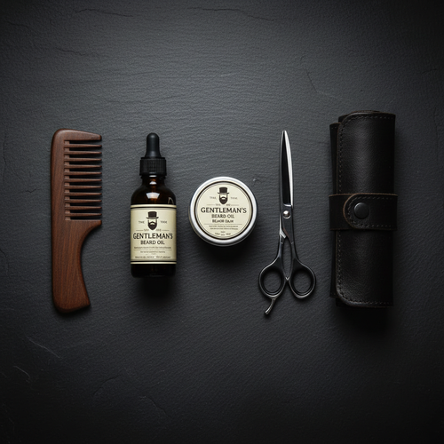 Flat lay of a men's beard grooming kit with oil, balm, comb, brush and scissors