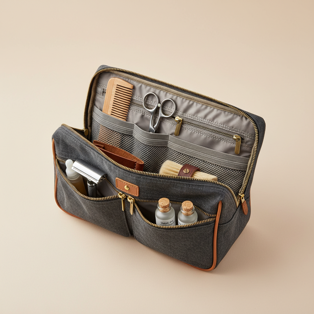 Open travel grooming organiser bag showing compartments with grooming tools
