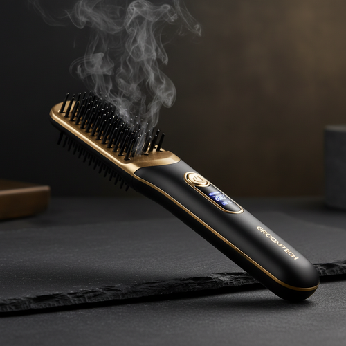 Sleek black and gold heated beard straightener comb for men