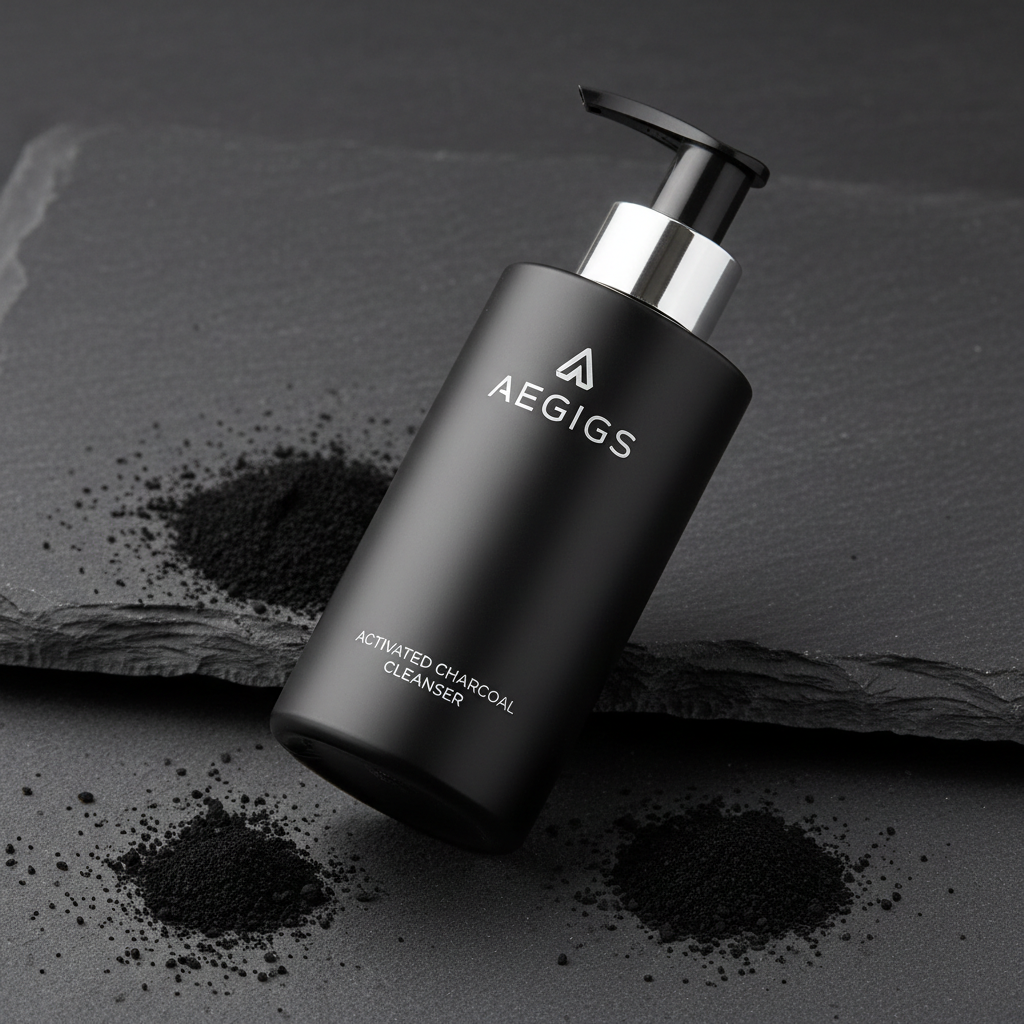 Men's charcoal face wash dark packaging on slate background with activated charcoal powder